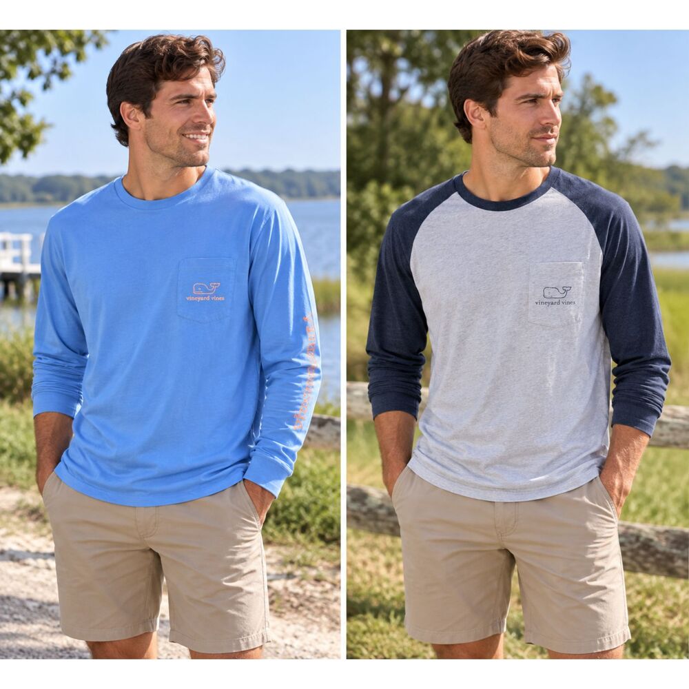Vineyard Vines Mens Size Large Lot of 2 Long Sleeve Pocket T-Shirt Blue Casual